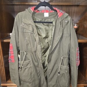 Olive Green Hooded Jacket with Red Plaid Accents